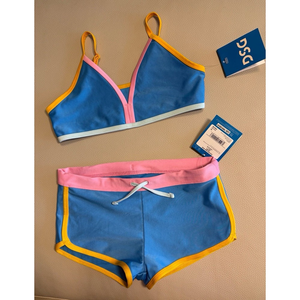 DSG size SMALL Girls Blue Pink Yellow Swimsuit Two Piece Set shorts & bikini top
